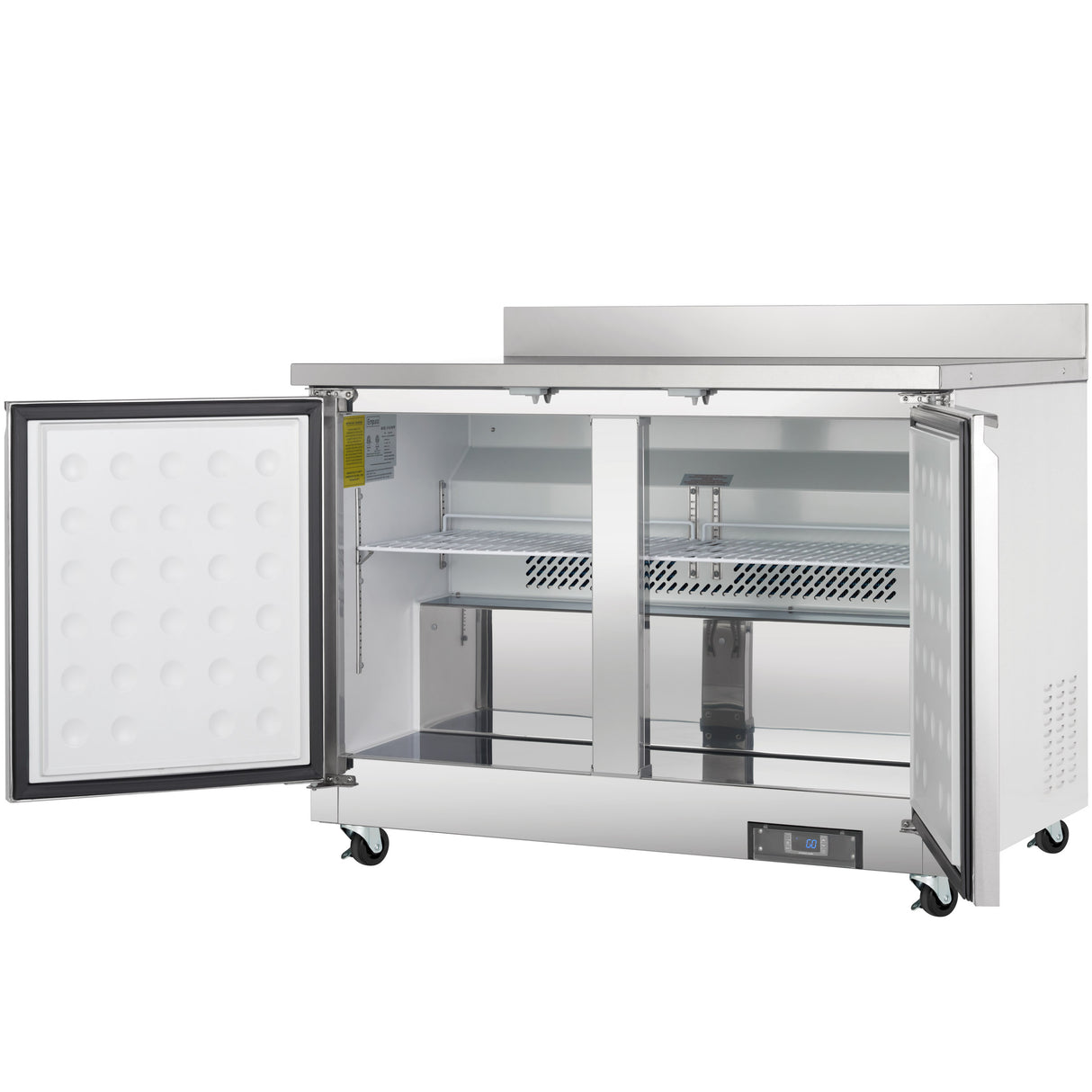 A stainless steel Empura E-KUC48W work top refrigerator with two doors; the left door is open, revealing empty shelves and interior compartments. The unit features wheels for mobility and a digital control panel on the bottom right corner.