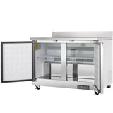 A stainless steel Empura E-KUC48W work top refrigerator with two doors; the left door is open, revealing empty shelves and interior compartments. The unit features wheels for mobility and a digital control panel on the bottom right corner.