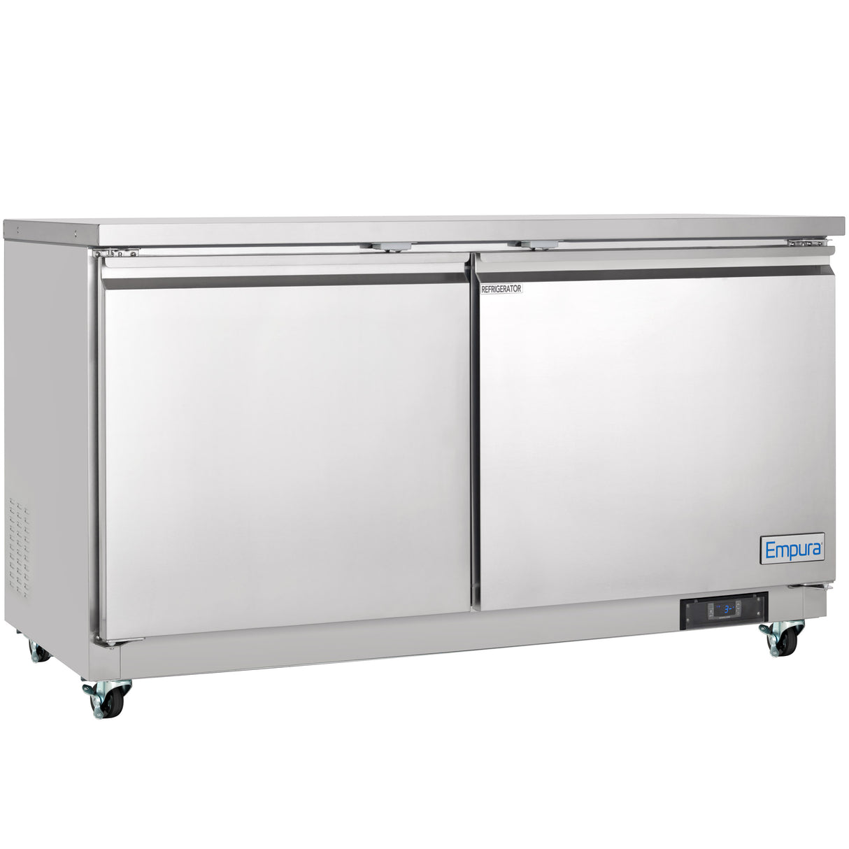 The Empura Refrigeration undercounter reach-in refrigerator features 13.2 cu. ft. capacity, two doors, and smooth reflective stainless steel on four caster wheels, with a digital control panel and blue Empura label on the front.