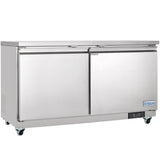 The Empura Refrigeration undercounter reach-in refrigerator features 13.2 cu. ft. capacity, two doors, and smooth reflective stainless steel on four caster wheels, with a digital control panel and blue Empura label on the front.