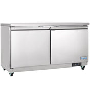 The Empura Refrigeration undercounter reach-in refrigerator features 13.2 cu. ft. capacity, two doors, and smooth reflective stainless steel on four caster wheels, with a digital control panel and blue Empura label on the front.