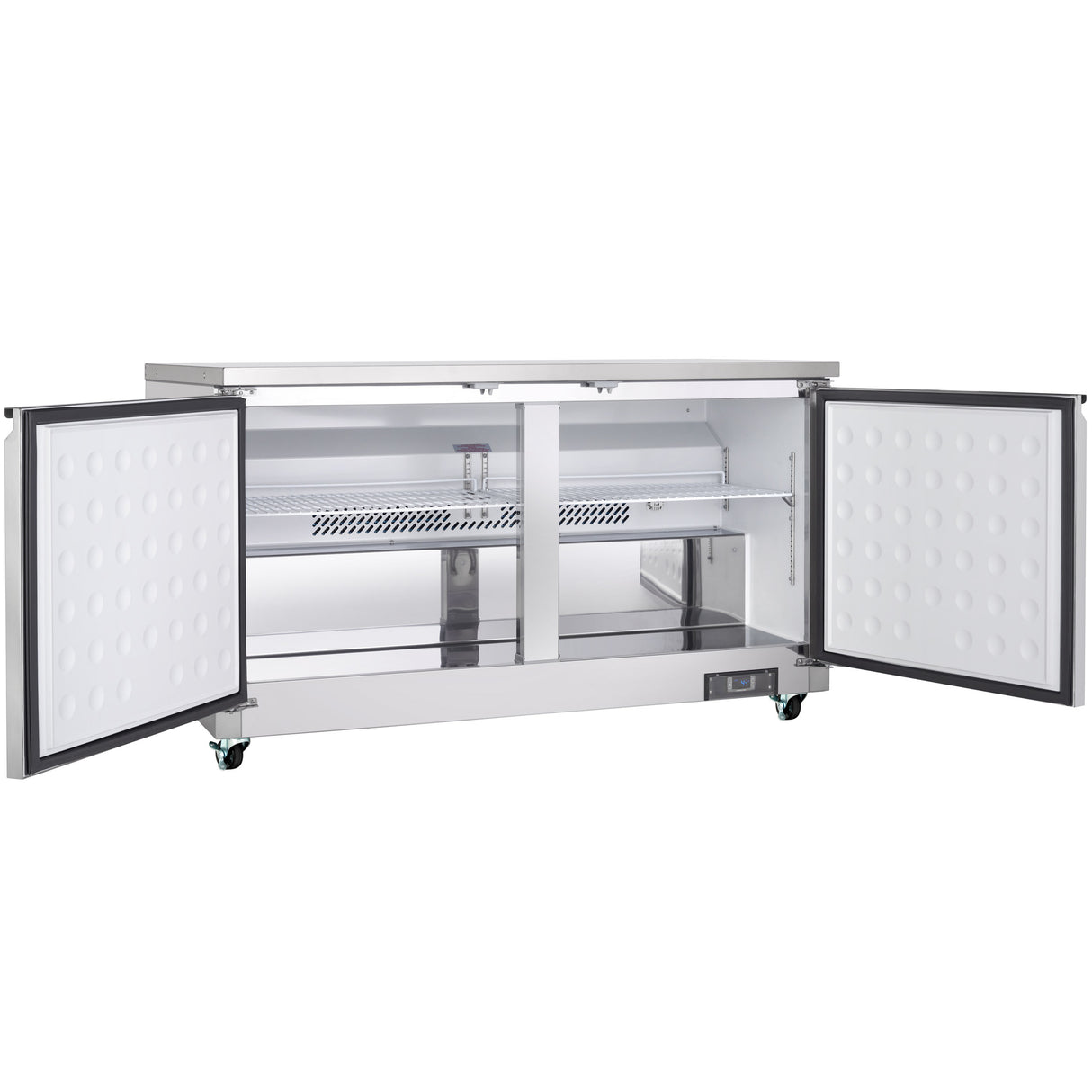 This Empura Refrigeration Undercounter Reach-In Refrigerator features a 13.2 cu. ft. capacity, stainless steel build, open double doors with black seals, a wire shelf inside, and small wheels for easy mobility in any clean, utilitarian workspace.