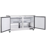 This Empura Refrigeration Undercounter Reach-In Refrigerator features a 13.2 cu. ft. capacity, stainless steel build, open double doors with black seals, a wire shelf inside, and small wheels for easy mobility in any clean, utilitarian workspace.