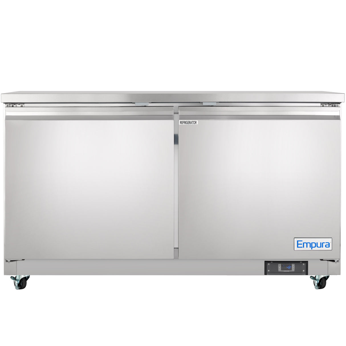An Empura Refrigeration commercial stainless steel reach-in refrigerator with 13.2 cu. ft. capacity features two solid doors, each with a horizontal handle, four wheels, a digital control panel, and the “Empura” label on the lower right corner.