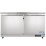 An Empura Refrigeration commercial stainless steel reach-in refrigerator with 13.2 cu. ft. capacity features two solid doors, each with a horizontal handle, four wheels, a digital control panel, and the “Empura” label on the lower right corner.