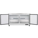 A commercial Empura Refrigeration undercounter reach-in refrigerator with two doors open, revealing empty shelves inside. The unit is on wheels, has a digital control panel, and offers a clean, spacious 13.2 cu. ft. capacity interior that's well-lit.