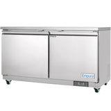 A commercial Empura Refrigeration undercounter reach-in refrigerator with two doors, 13.2 cu. ft. capacity, and four caster wheels. The front showcases the Empura brand and a digital temperature readout on its sleek, light-reflective exterior.