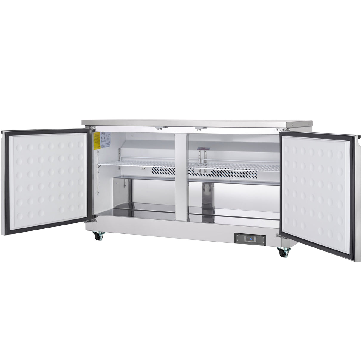 An Empura Refrigeration undercounter reach-in refrigerator with both front doors open, revealing two interior sections with shelves and a white back panel. Featuring 13.2 cu. ft. capacity, it sits on four green casters and has a digital control panel below.