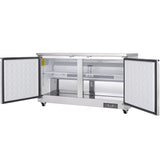 An Empura Refrigeration undercounter reach-in refrigerator with both front doors open, revealing two interior sections with shelves and a white back panel. Featuring 13.2 cu. ft. capacity, it sits on four green casters and has a digital control panel below.