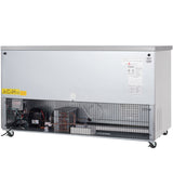 An Empura Refrigeration commercial freezer with 13.2 cu. ft. capacity features its lower front panel open, showing wiring, compressor, and coils. The silver undercounter unit is on wheels with warning and info labels visible inside and on the front.