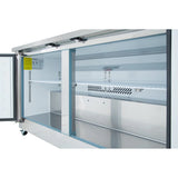 Interior view of an Empura Refrigeration Undercounter Reach-In Refrigerator with glass sliding doors, white shelves, open shelving area, and a cooling vent at the back. The 13.2 cu. ft. capacity interior is clean, well-lit, and ready for food storage.