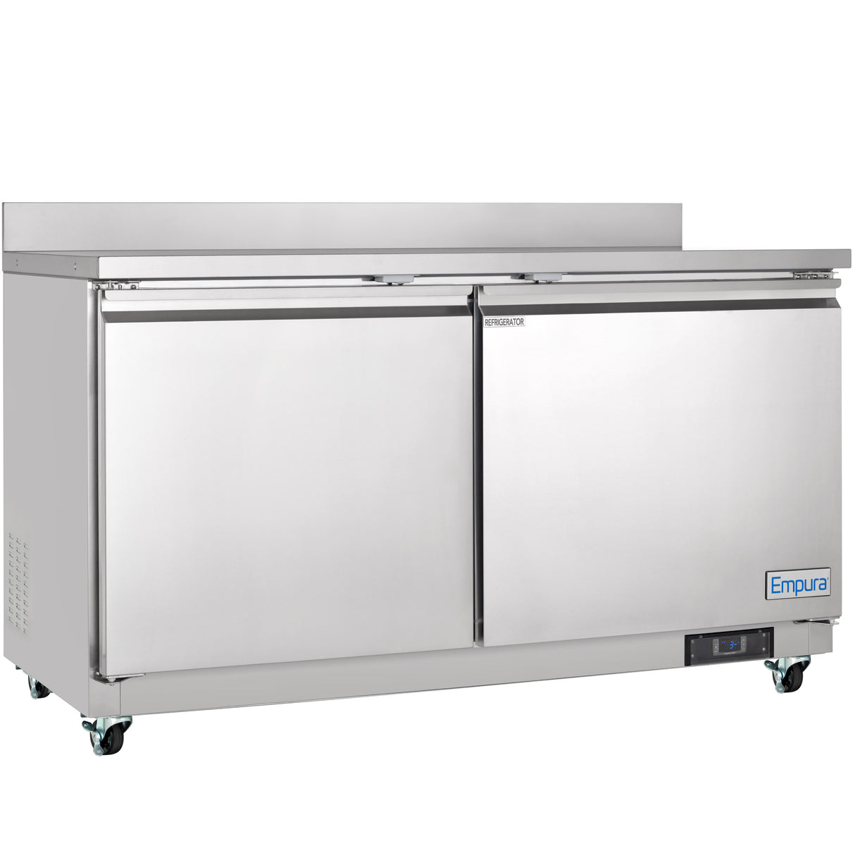 A commercial Empura Refrigeration work top refrigerator with two solid doors, mounted on four wheels. It features a flat top with a raised edge at the back, an Empura logo bottom right, and a digital control panel on the lower front right.