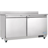 A commercial Empura Refrigeration work top refrigerator with two solid doors, mounted on four wheels. It features a flat top with a raised edge at the back, an Empura logo bottom right, and a digital control panel on the lower front right.