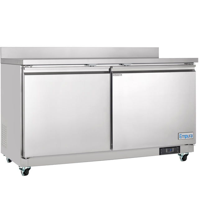 A commercial Empura Refrigeration work top refrigerator with two solid doors, mounted on four wheels. It features a flat top with a raised edge at the back, an Empura logo bottom right, and a digital control panel on the lower front right.