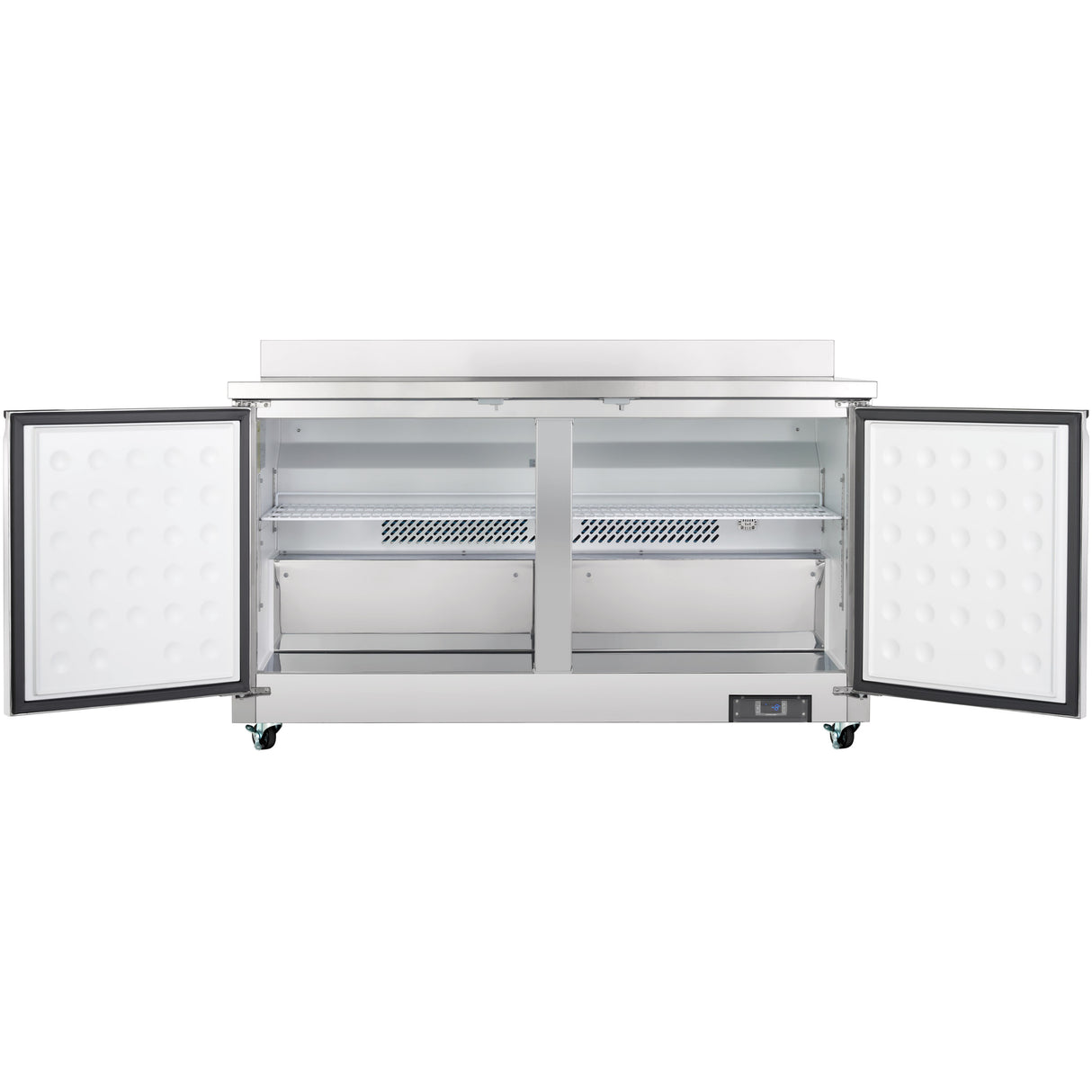 A commercial Empura Refrigeration stainless steel refrigerator with two open doors reveals empty white interior shelving and a vent at the back. This undercounter reach-in refrigerator features a digital control panel, wheels, and a clean, modern design.