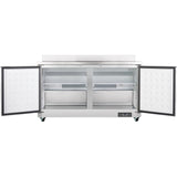 A commercial Empura Refrigeration stainless steel refrigerator with two open doors reveals empty white interior shelving and a vent at the back. This undercounter reach-in refrigerator features a digital control panel, wheels, and a clean, modern design.