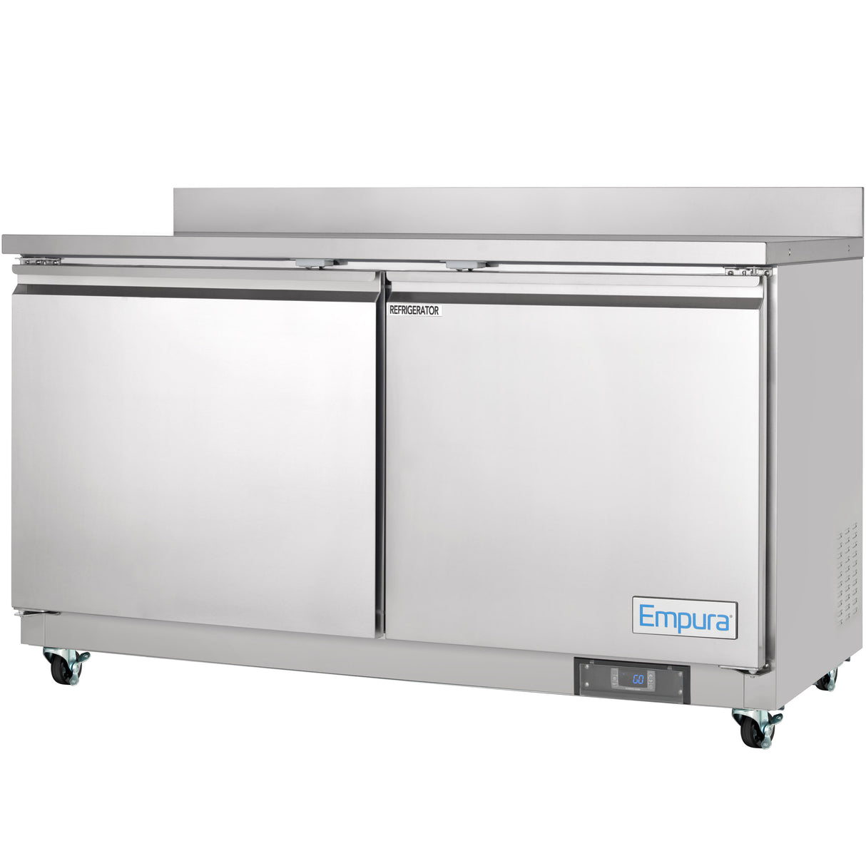 The Empura Refrigeration work top refrigerator features two stainless steel doors, four wheels for mobility, and a digital temperature display at the bottom right. The brand name Empura is visible on a blue label at the lower right front.