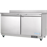 The Empura Refrigeration work top refrigerator features two stainless steel doors, four wheels for mobility, and a digital temperature display at the bottom right. The brand name Empura is visible on a blue label at the lower right front.
