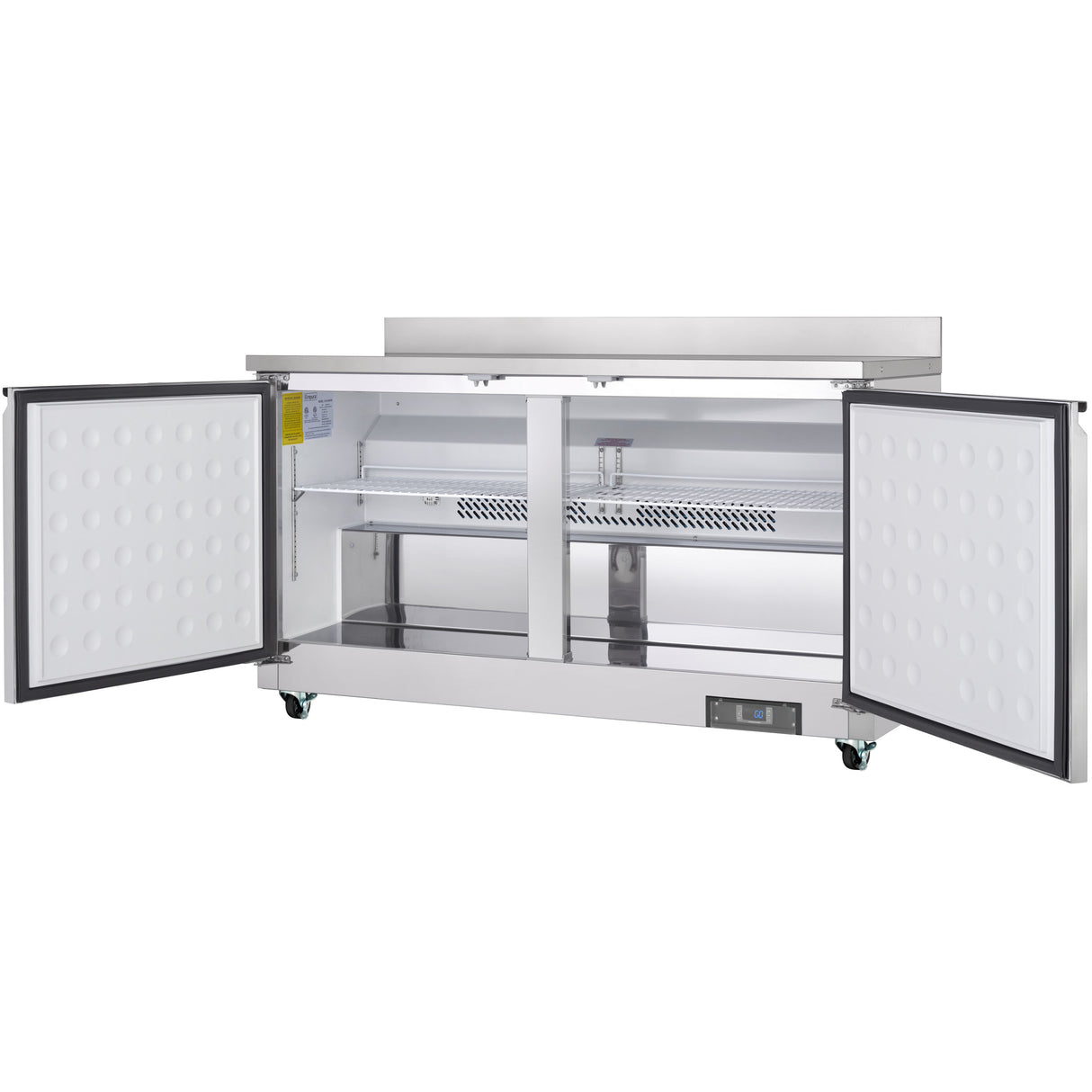 A stainless steel Empura Refrigeration work top refrigerator with two open doors reveals empty interior shelves and a lower storage area. The unit has a control panel at the bottom right and sits on four wheels for easy mobility.