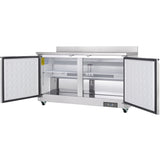 A stainless steel Empura Refrigeration work top refrigerator with two open doors reveals empty interior shelves and a lower storage area. The unit has a control panel at the bottom right and sits on four wheels for easy mobility.