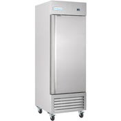 A tall, stainless steel Empura Refrigeration reach-in refrigerator on four wheels. The door is closed with a vertical handle on the left. The top displays an Empura logo, and the bottom features a vented grill and a digital control panel.