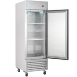 A tall Empura Refrigeration stainless steel reach-in refrigerator stands with its door open, revealing empty wire shelves. It features a glass section on the door, digital controls at the top, and four wheels for easy mobility.
