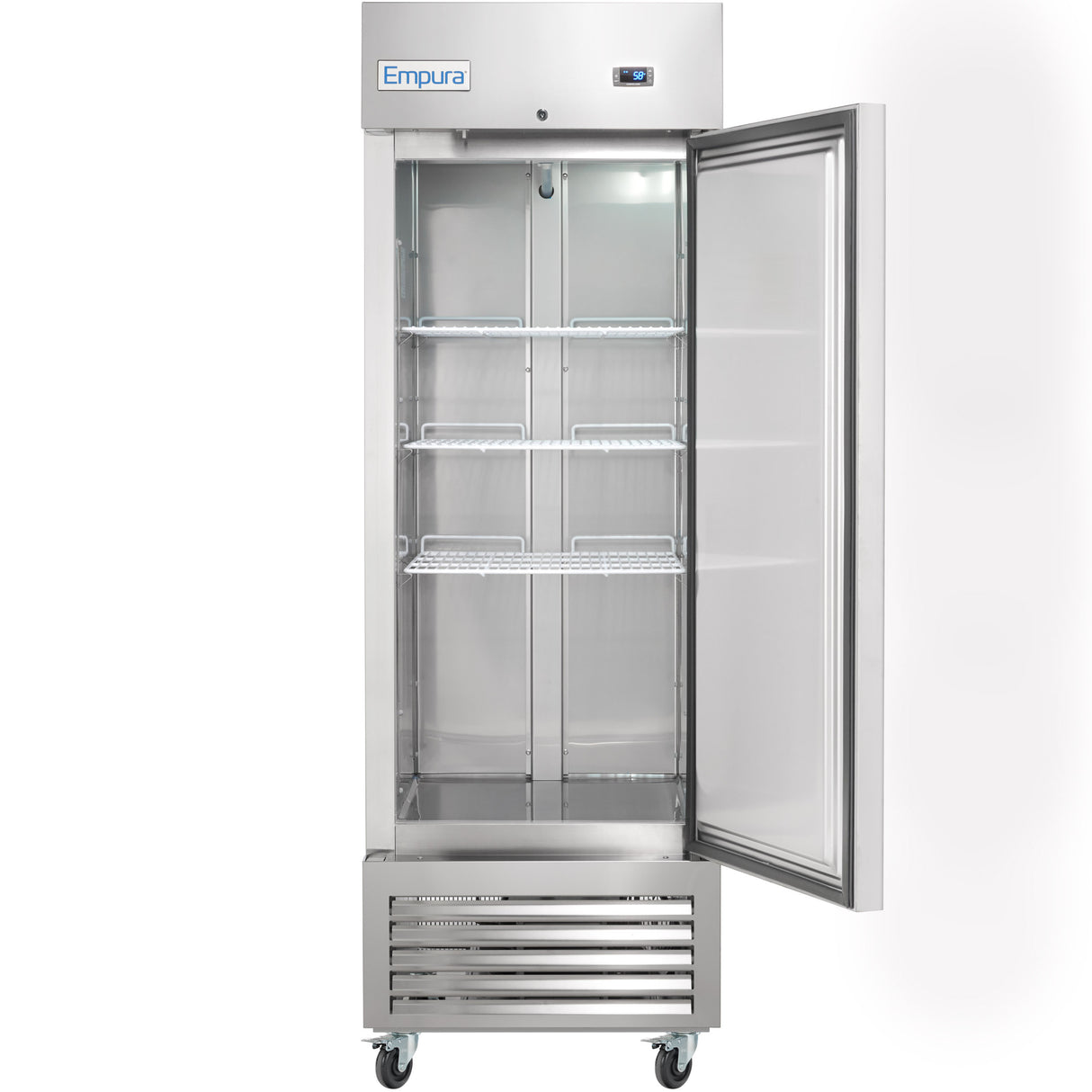 A tall Empura Refrigeration stainless steel Reach-In Refrigerator features a glass door revealing four empty wire shelves, a digital display on top, vented bottom panel, wheels for mobility, and an “Empura” brand label.