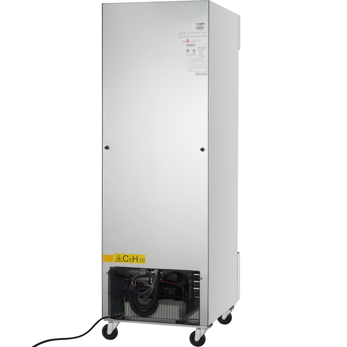 A tall, rectangular stainless steel reach-in refrigerator on wheels with a plain metal front. The bottom section has an exposed cooling mechanism and black power cord. Warning and instruction labels are visible on the upper and lower front panels.