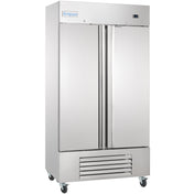 A large, stainless steel Empura Refrigeration reach-in refrigerator with two doors, vertical handles, a brand label at the top left, digital display on the right, ventilation grilles below, and four caster wheels for mobility.