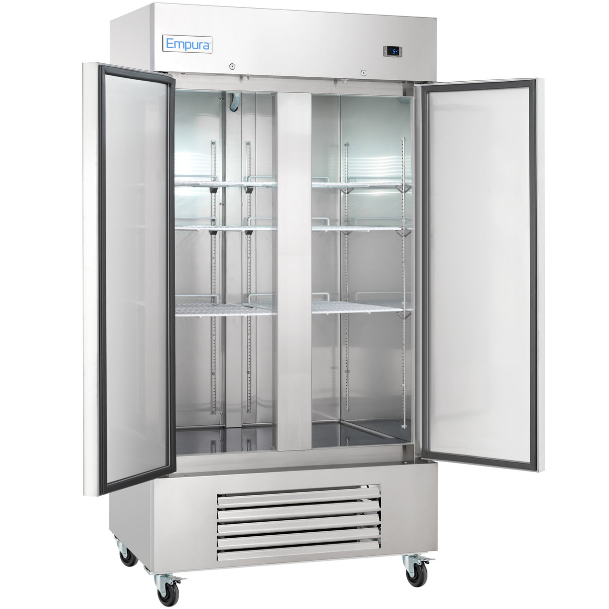 A large Empura Refrigeration commercial reach-in refrigerator with two open glass doors, adjustable wire shelves inside, and a vented bottom section on wheels. The Empura brand name is visible on the upper left corner of the unit.