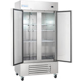 A large Empura Refrigeration commercial reach-in refrigerator with two open glass doors, adjustable wire shelves inside, and a vented bottom section on wheels. The Empura brand name is visible on the upper left corner of the unit.