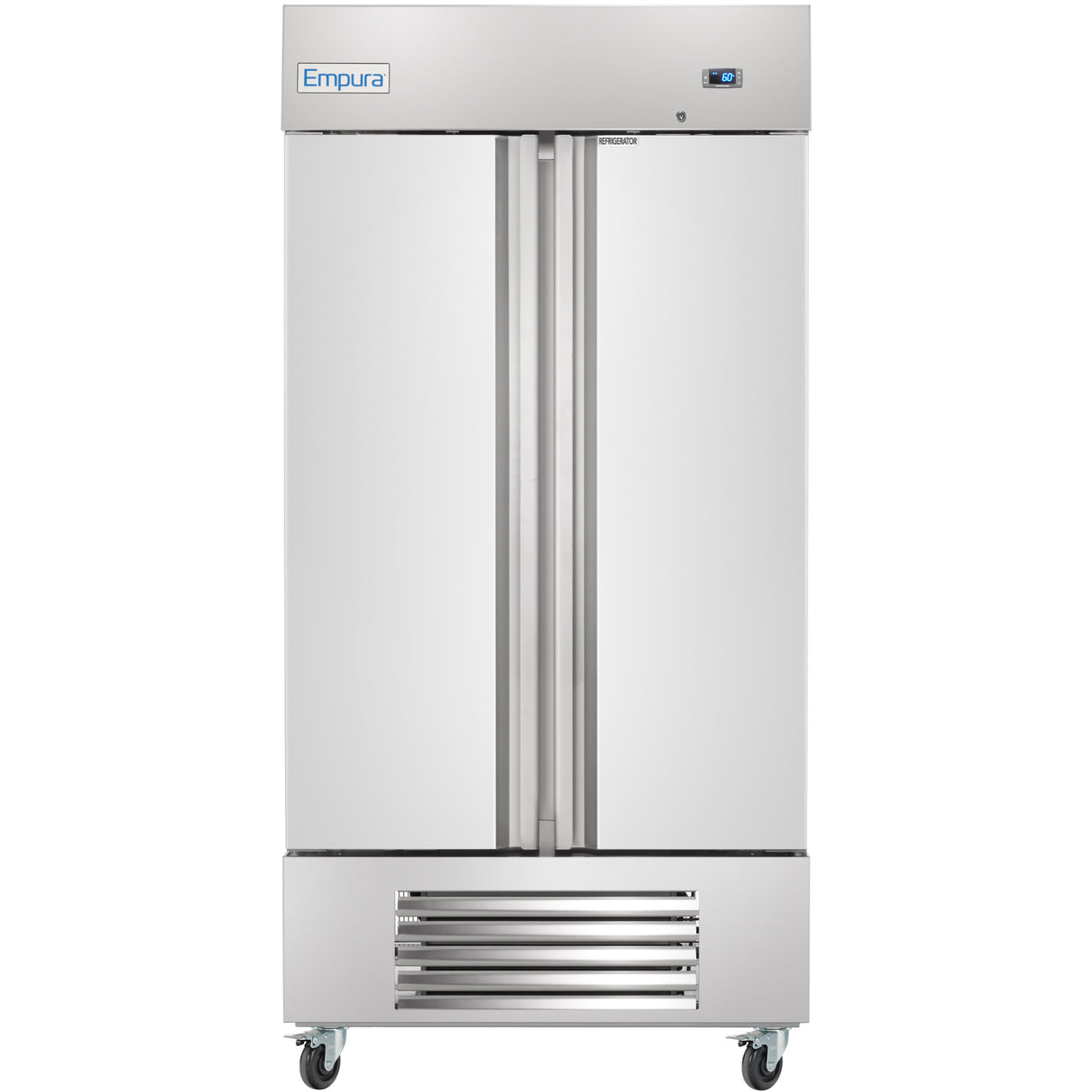A large Empura Refrigeration reach-in refrigerator features two vertical doors, a digital control panel on the top right, Empura logo on the top left, vents below, and four caster wheels. Its smooth, reflective stainless steel surface ensures easy cleaning.