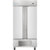 A large Empura Refrigeration reach-in refrigerator features two vertical doors, a digital control panel on the top right, Empura logo on the top left, vents below, and four caster wheels. Its smooth, reflective stainless steel surface ensures easy cleaning.