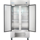 An Empura Refrigeration commercial refrigerator with double glass doors open, revealing empty wire shelves inside. The reach-in refrigerator features a vented grille at the bottom, a control panel at the top right, and four caster wheels for mobility.