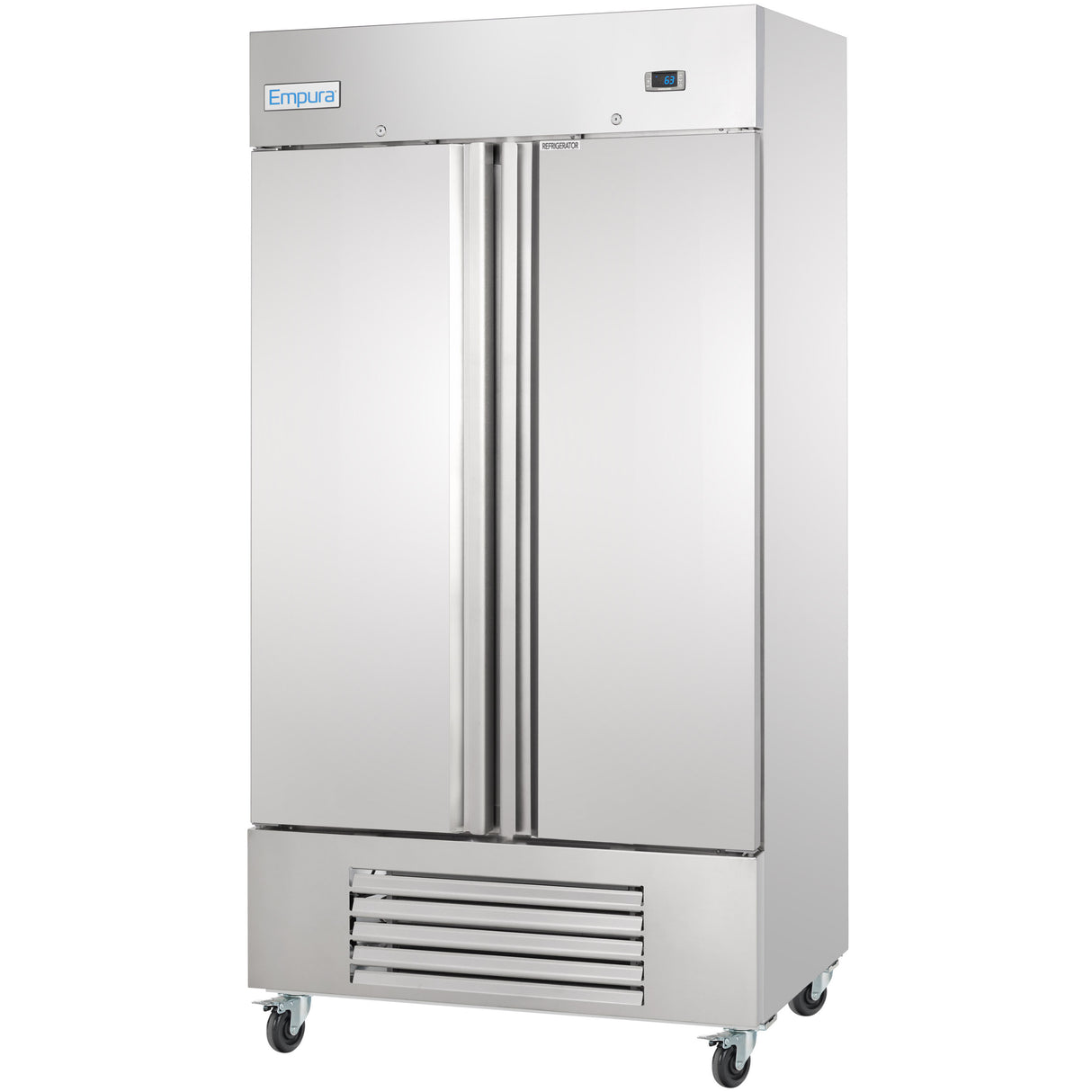 A large Empura Refrigeration reach-in commercial refrigerator on four caster wheels, with two vertical doors, a digital display on the upper right, and vented panels at the bottom. The brand name Empura is visible on the upper left corner.