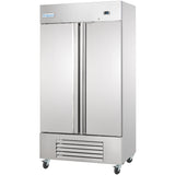 A large Empura Refrigeration reach-in commercial refrigerator on four caster wheels, with two vertical doors, a digital display on the upper right, and vented panels at the bottom. The brand name Empura is visible on the upper left corner.