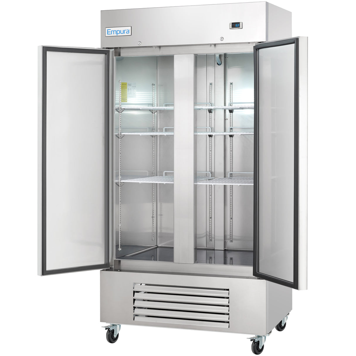 A large Empura Refrigeration commercial reach-in refrigerator with two open glass doors, multiple adjustable wire shelves, and wheels at the base. The unit is empty, with a digital control panel on the top right and an Empura brand label on the upper left.