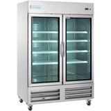 A large Empura Refrigeration reach-in refrigerator with two glass doors, adjustable wire shelves, center handles, and wheels for mobility. The stainless steel unit features the Empura label at the top left and is pictured empty.