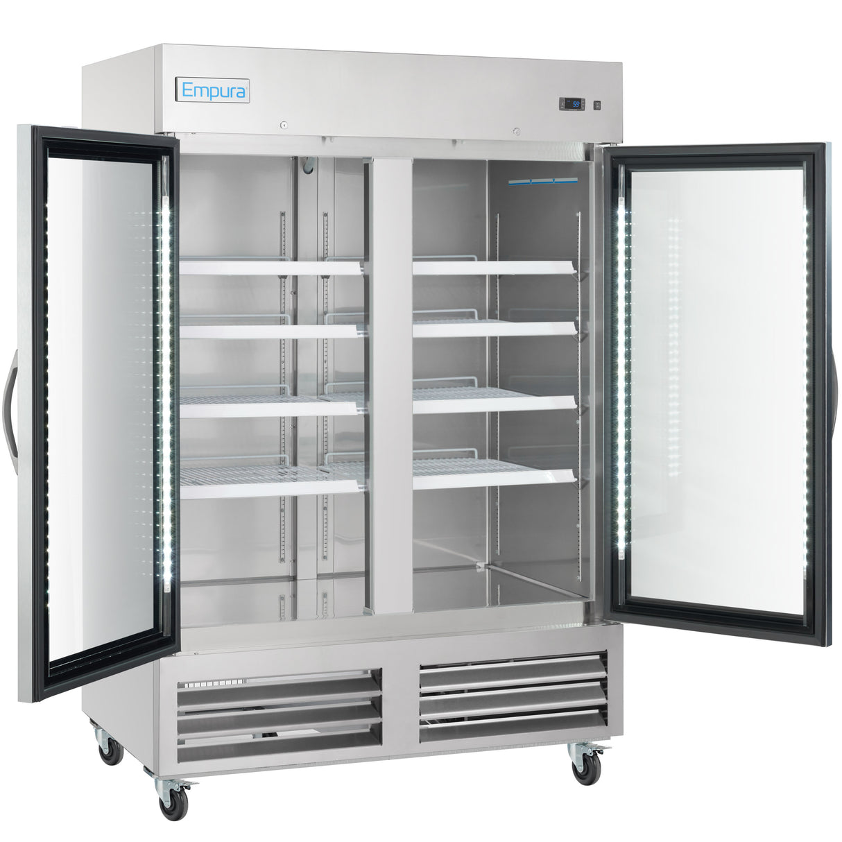 A large, stainless steel Empura Refrigeration reach-in refrigerator with both double doors open shows empty shelves illuminated by strong vertical LED lighting. The unit is on wheels for mobility, with the Empura logo on the top left corner.