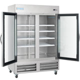 A large, stainless steel Empura Refrigeration reach-in refrigerator with both double doors open shows empty shelves illuminated by strong vertical LED lighting. The unit is on wheels for mobility, with the Empura logo on the top left corner.