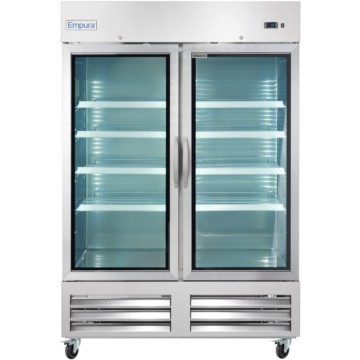 A commercial Empura Refrigeration reach-in refrigerator with two glass doors, six adjustable wire shelves, interior lighting, and a digital control panel on the top right. The unit stands on four caster wheels with the “Empura” brand label on the top left.