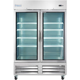 A commercial Empura Refrigeration reach-in refrigerator with two glass doors, six adjustable wire shelves, interior lighting, and a digital control panel on the top right. The unit stands on four caster wheels with the “Empura” brand label on the top left.