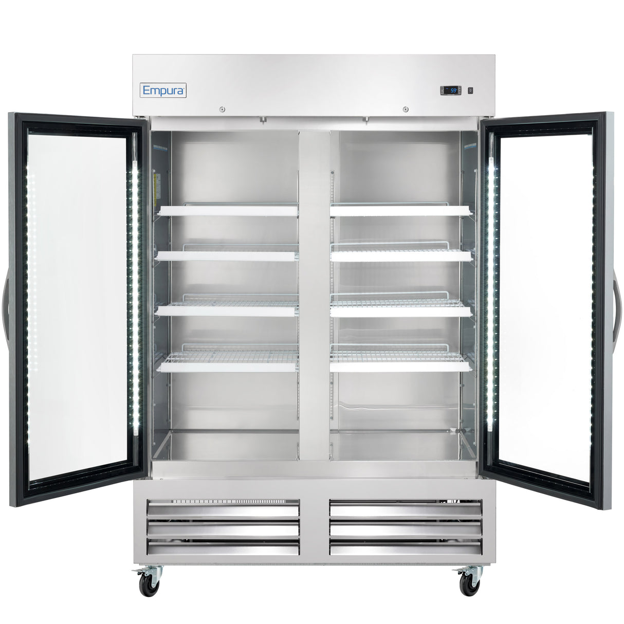 A large Empura Refrigeration reach-in refrigerator with two open glass doors, five white wire shelves inside, LED interior lighting, a digital control panel at the top right, and four wheels at the base for mobility.