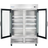 A large Empura Refrigeration reach-in refrigerator with two open glass doors, five white wire shelves inside, LED interior lighting, a digital control panel at the top right, and four wheels at the base for mobility.