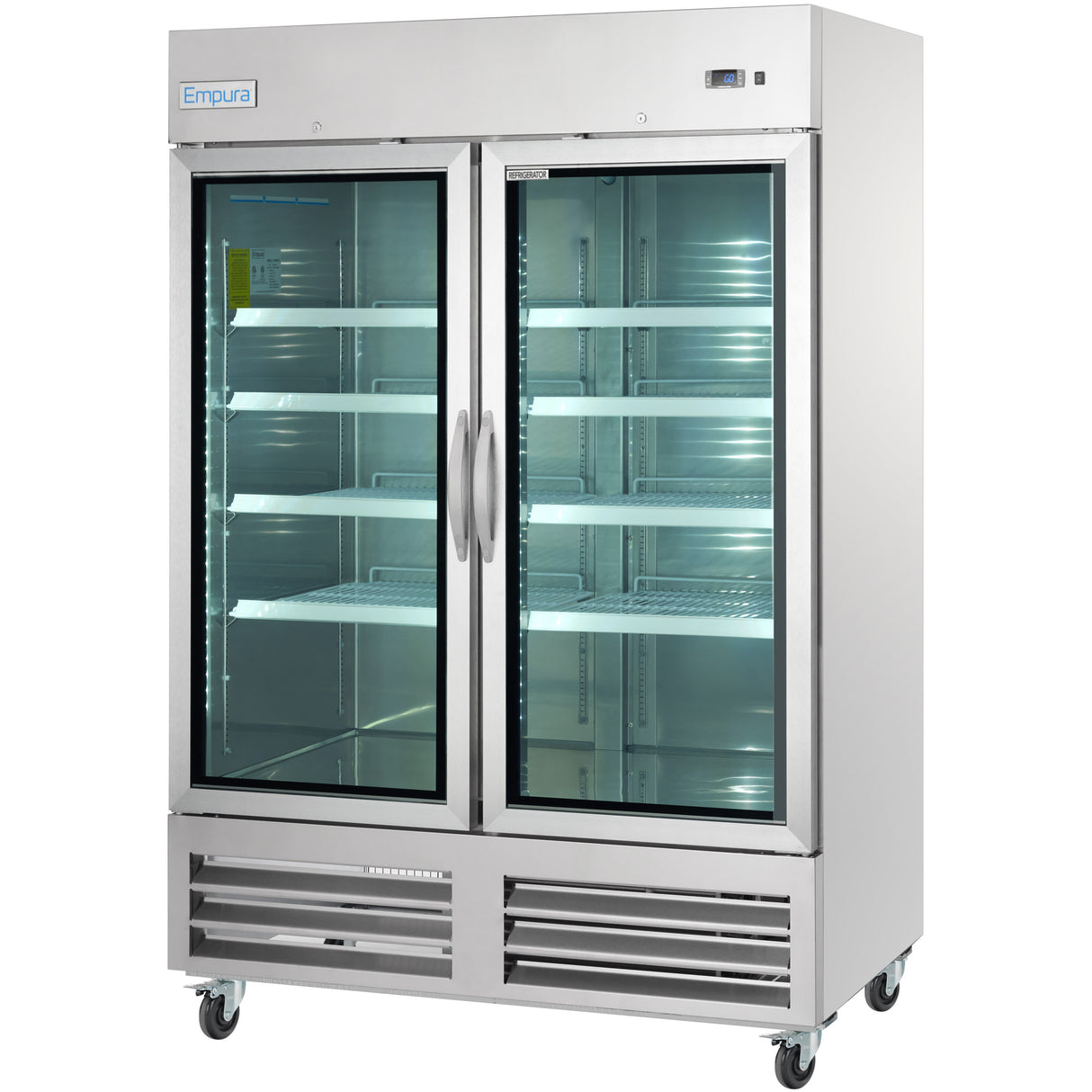 A large Empura Refrigeration glass door refrigerator with two handles and interior lighting reveals empty wire shelves. This Reach-In Refrigerator stands on wheels, features bottom vents, and displays the Empura brand at the top left.