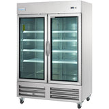 A large Empura Refrigeration glass door refrigerator with two handles and interior lighting reveals empty wire shelves. This Reach-In Refrigerator stands on wheels, features bottom vents, and displays the Empura brand at the top left.
