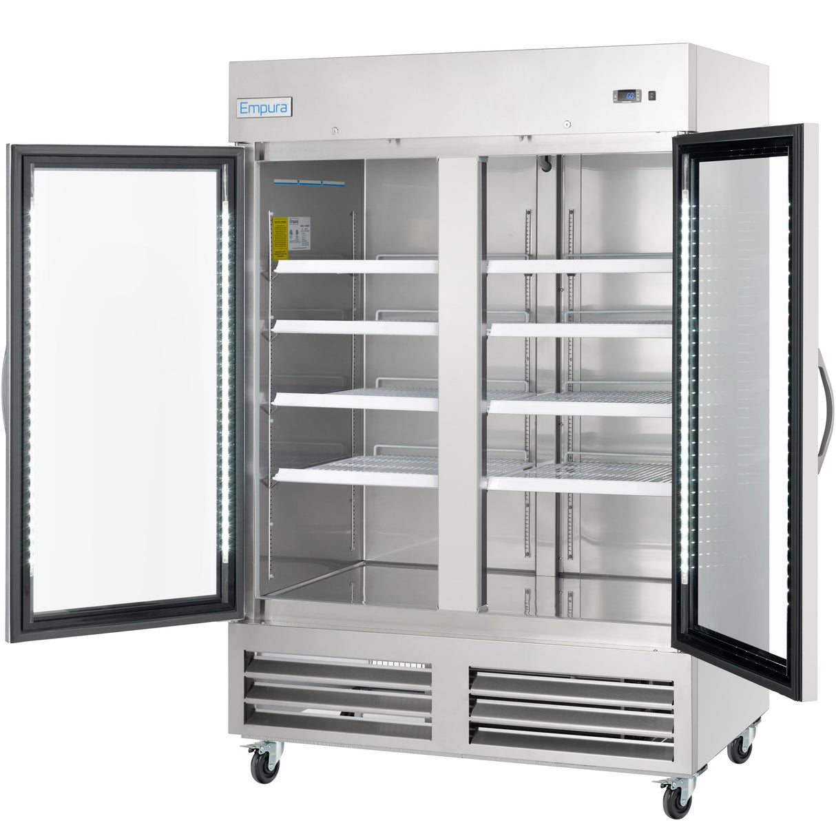 A large Empura Refrigeration reach-in refrigerator with two glass doors open, showcasing multiple adjustable wire shelves inside. The unit features LED lighting along the door frames, ventilation grilles at the bottom, and four caster wheels for easy movement.