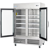 A large Empura Refrigeration reach-in refrigerator with two glass doors open, showcasing multiple adjustable wire shelves inside. The unit features LED lighting along the door frames, ventilation grilles at the bottom, and four caster wheels for easy movement.
