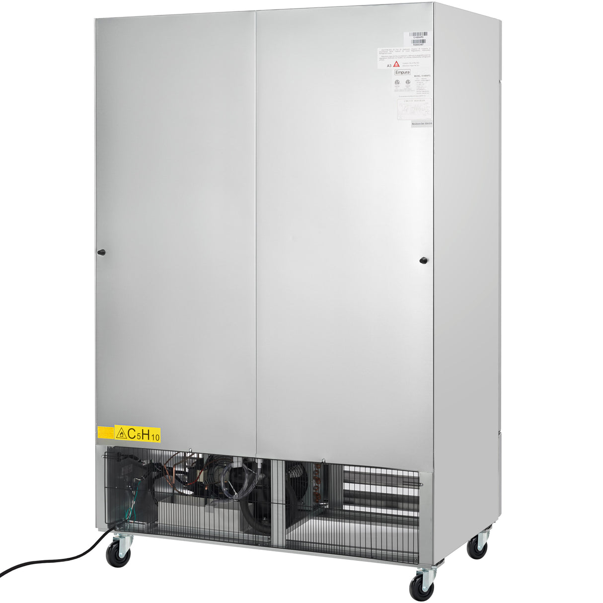 A large, silver Empura Refrigeration industrial metal cabinet on wheels with closed doors. The lower section is open, exposing mechanical components and wiring. A power cord extends from the left and a yellow “C5H10” hazard label is visible on the front.