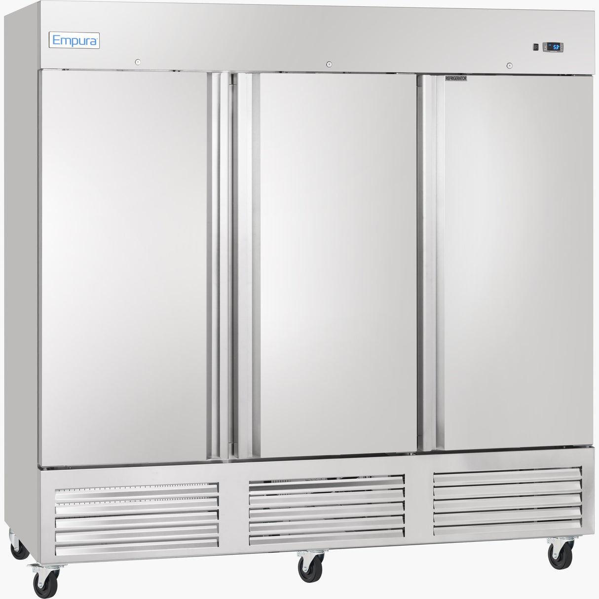 A large, commercial stainless steel refrigerator with three solid doors, mounted on four black caster wheels. This Reach-In Refrigerator features a vented lower panel, an Empura brand label on the top left, and a reflective, industrial surface.